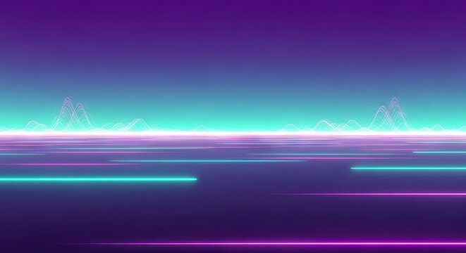 A vast digital horizon glows with vibrant ultraviolet and turquoise light, featuring sleek glitch distortions and ethereal energy waves, virtual, grid, beam