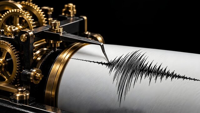 Mechanical brass seismograph with gears and metal needle drawing black seismic wave graph on white paper roll to measure vibration activity
