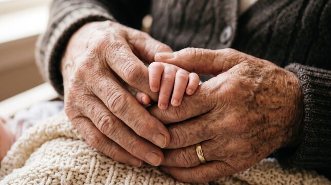 An elderly person&rsquo;s hand held gently by another hand in a gesture of affection and support.