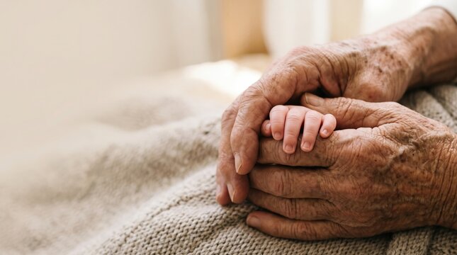 An elderly person&rsquo;s hand held gently by another hand in a gesture of affection and support.