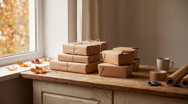 Micro business workspace with kraft paper parcels packed for shipping. 