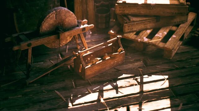 Sunlight filters through a workshop, illuminating a wooden toolbox filled with tools. Nearby, scattered nails and timber create a warm, inviting atmosphere of craftsmanship.