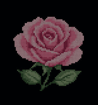 Large pink rose with green leaves in a counted cross stitch embroidery pattern.eps