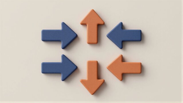 Six arrowsthree blue, three orangepoint outward from a central hub.