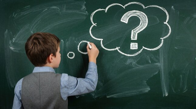 Young student draws large question mark inside thought bubble on green chalkboard. Little boy uses white chalk to express idea curiosity in school classroom. Child thinks about problem, seeks answer