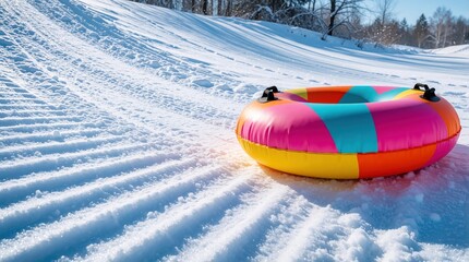 Naklejka premium Bright colorful inflatable swim ring sits on white snowy mountain slope. Vibrant rainbow tube creates funny contrast between summer pool toy, cold winter landscape. Concept of unexpected leisure,