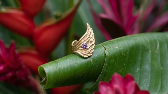 Gemstone ear cuff on tropical petals and leaves