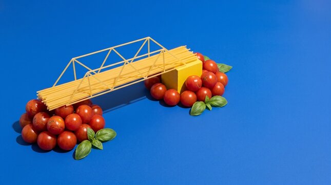 Spaghetti bridge with tomatoes on a cobalt tabletop