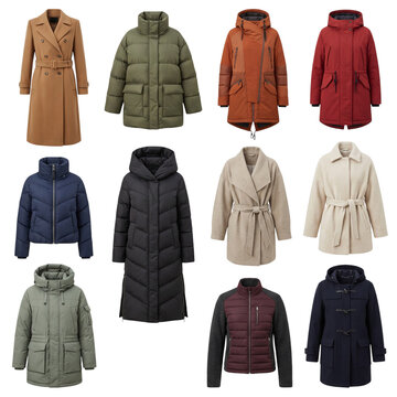 Assorted winter outerwear coats isolated on a transparent background