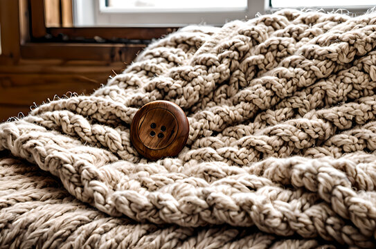 Wooden button on a cozy chunky knit wool blanket by a window