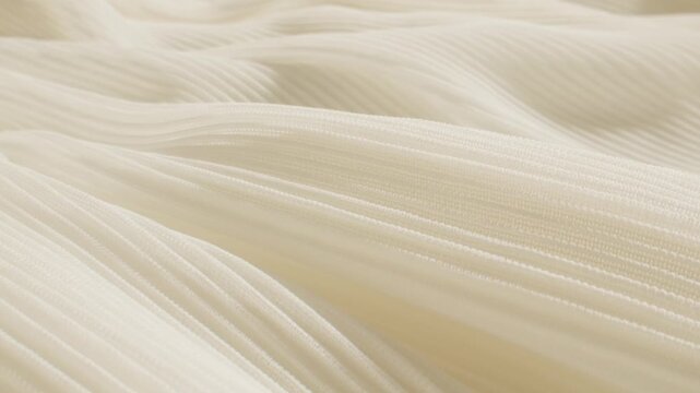 Ribbed fabric texture in cream color, close up of soft pleated knit textile with hand touching, beige knitted cloth background for fashion design and interior upholstery