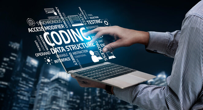 A conceptual image depicting a hand interacting with coding and data structure symbols on a laptop, showcasing modern software development in a business setting. Tessel