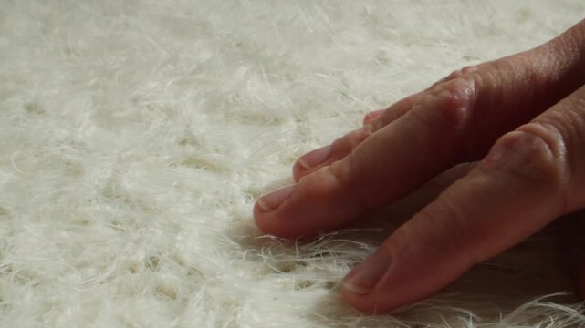White fur texture with hand touching, close up of fluffy faux fur and natural sheepskin rug, soft long hair fur background in fur shop from Turkish fur factory production