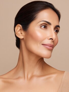 Mature woman with natural makeup in elegant profile portrait