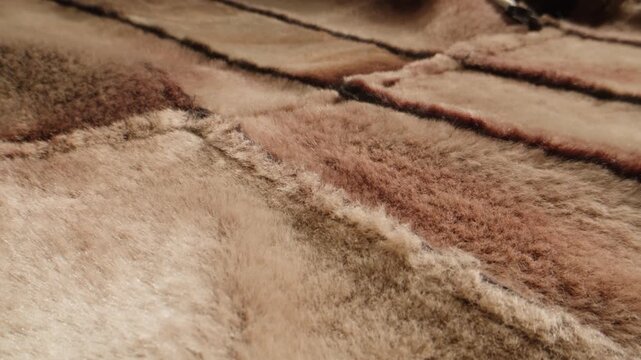 Sheepskin patchwork with hand touching, close up of brown and white shearling fur pieces sewn together, natural leather and fur coat material in Turkish fur factory