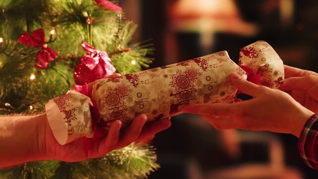 New year christmas background, Glasses filled with sparkling champagne, tree presents gifts boxes and snow, red close up mock up. 