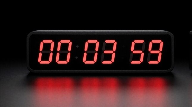 Digital clock shows time 00 03 59 with red glowing led numbers on black background. Electronic timer counts seconds, minutes on dark surface. Modern countdown device display red digits for deadline,