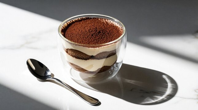Layered chocolate dessert in clear glass cup with silver spoon on white marble table. Creamy cocoa mousse cake with sponge layers. Minimalist food photography with hard shadows, sunlight. Sweet