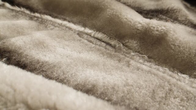 Sheepskin patchwork with hand touching, close up of brown and white shearling fur pieces sewn together, natural leather and fur coat material in Turkish fur factory