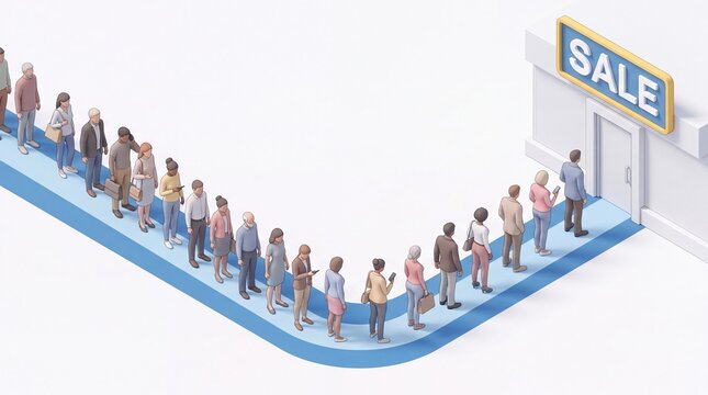 Isometric illustration of a diverse queue of people waiting to enter a retail store for a sale.