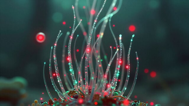 Close-up of vibrant, glowing cyan and green microorganisms thriving in a dark environment.