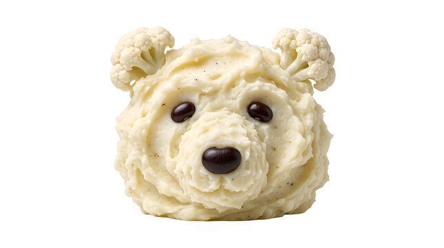 Creative bear shaped mashed potato food art isolated on white, funny cauliflower bear cub dish for kids menu