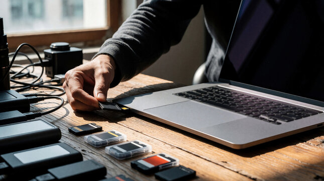 Close up of person inserting SD memory card into laptop port. Pro photographer transfers digital data from flash card to computer. Hand places small storage device into silver pc for quick file