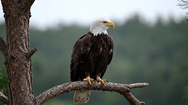 Majestic adult bald eagle perched on a pine tree branch against a blurred green forest background. Powerful bird of prey scanning the wilderness with sharp eyes and yellow beak in its natural habitat.