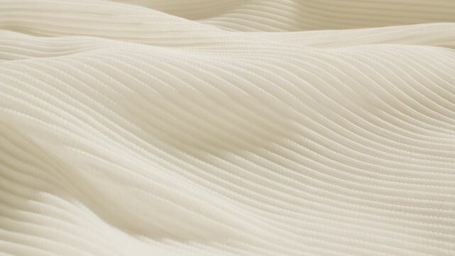 Ribbed fabric texture in cream color, close up of soft pleated knit textile with hand touching, beige knitted cloth background for fashion design and interior upholstery