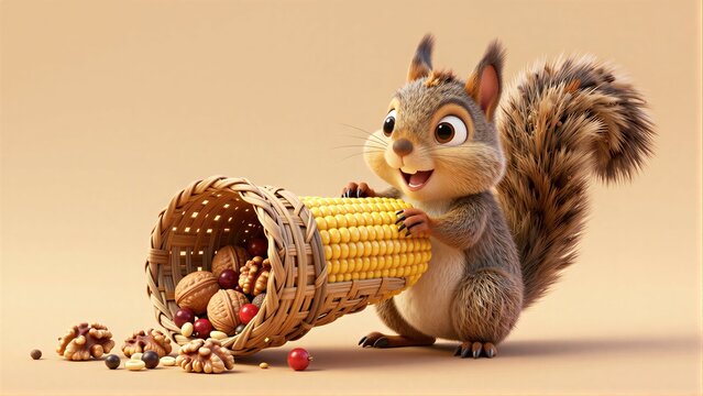 Adorable squirrel happily munching corn beside a basket of nuts and seeds.