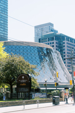 Toronto Canada - June 4, 2026: Roy Thomson Hall Modern Glass Architecture and St Andrews Church Sign in Downtown Toronto