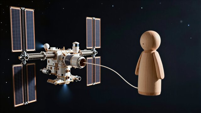 Wooden figure tied to space station, floating in starry cosmos.