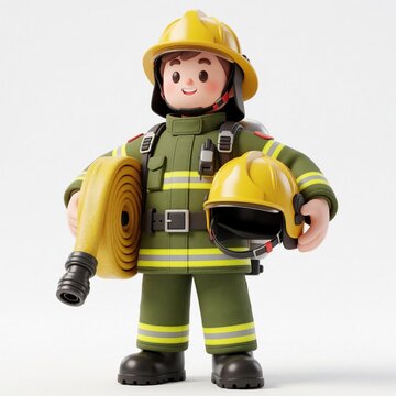 Cheerful cartoon firefighter character stands in full uniform. Cute boy hero holds yellow fire hose, extra helmet. Friendly professional rescuer wears protective gear with reflective stripes. 3D