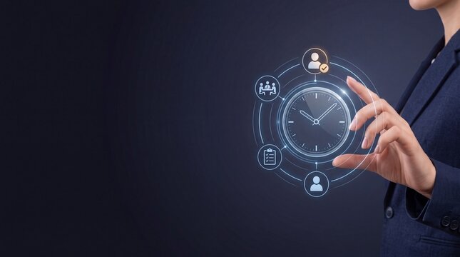 Businesswoman interacting with a futuristic digital clock interface, visualizing time management and project deadlines