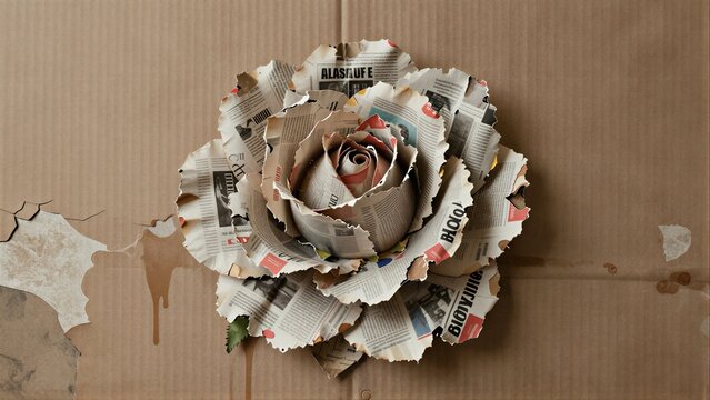 Newspaper rose on cardboard, artistic decay and renewal theme.