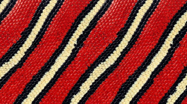 Milk Snake Skin Texture Background with Red Black and Cream Striped Reptile Scales Pattern, Exotic Animal Skin Close Up