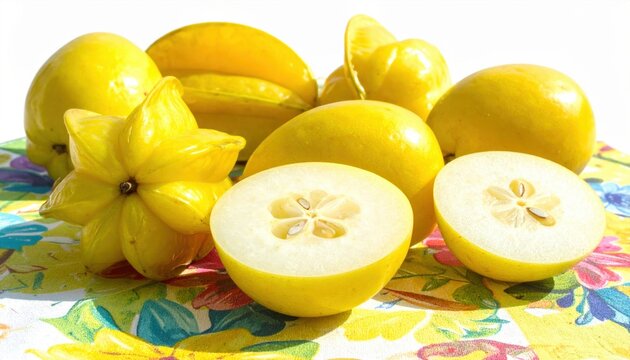 Heap of Bright Yellow Star Apples, Some Whole and One Cut Revealing Inner Structure
