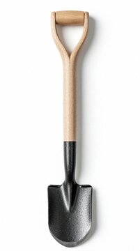 Small metal garden shovel with ergonomic wood handle isolated on white background. Single hand trowel tool for planting, digging, soil work. Durable steel spade equipment used by gardener for yard