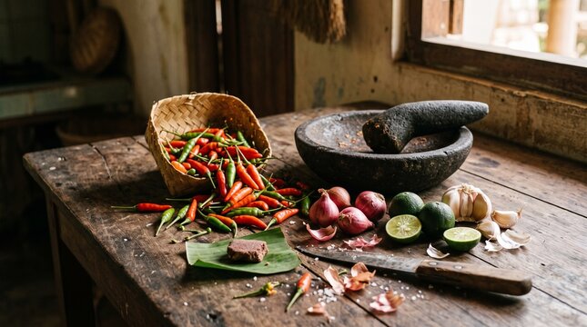 Fresh bird's eye chilies prepared with garlic, shallots, and lime beside a traditional mortar, creating an authentic Indonesian sambal preparation scene.