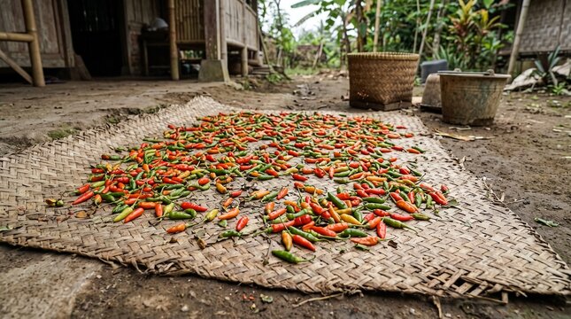 Freshly harvested bird's eye chilies scattered across a rustic woven mat, highlighting natural red and green colors, agricultural textures, and postharvest freshness.
