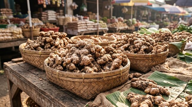 Fresh ginger roots piled in woven bamboo baskets at a traditional Indonesian market, showcasing earthy textures, natural imperfections, freshness, and authentic Indonesian food culture.