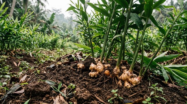 Ginger rhizomes growing beneath fertile soil on a tropical Indonesian farm, surrounded by lush foliage and natural earth textures in a realistic agricultural landscape.
