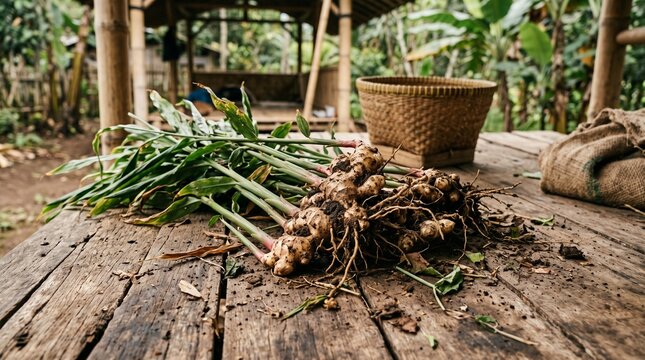 Freshly harvested ginger roots with natural soil and attached roots on a rustic farm table, highlighting authentic agricultural textures and traditional postharvest handling.