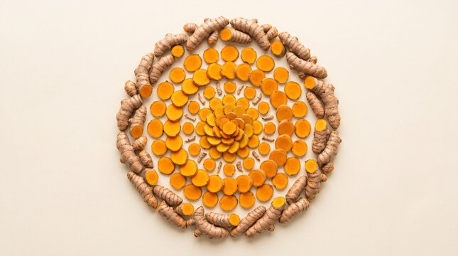 Artistic circular arrangement of turmeric roots and slices on a cream background, creating a clean botanical pattern with vibrant golden tones.