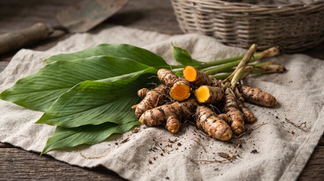 Fresh turmeric rhizomes with green leaves on natural linen, presenting an organic botanical harvest with earthy colors and authentic agricultural character.