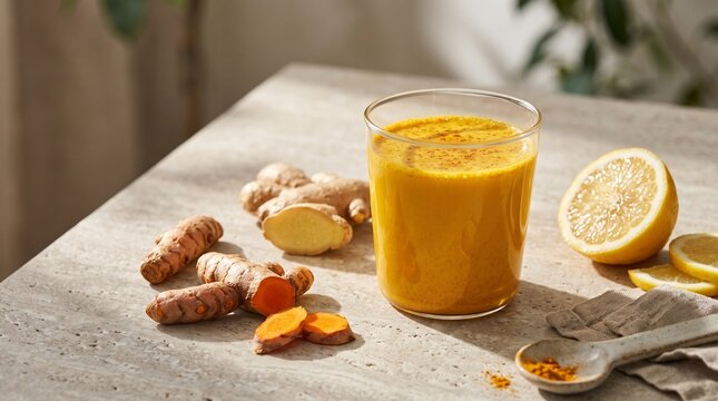 Golden turmeric wellness drink with fresh slices, ginger and lemon, styled in warm natural light for a healthy herbal beverage concept.