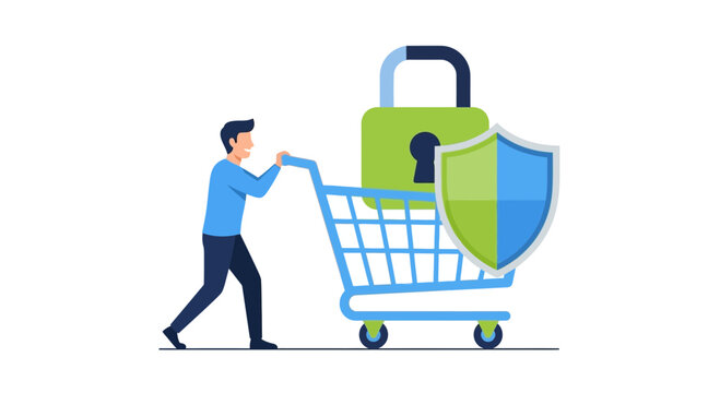 Secure Online Shopping Concept with Man Pushing Shopping Cart, Padlock, and Shield Illustration for Safe E-commerce Transactions