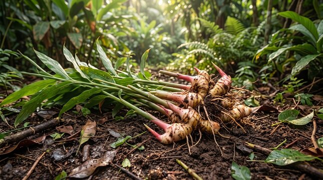 Freshly harvested galangal roots with green foliage on natural soil, presenting a tropical botanical harvest and organic farming concept.