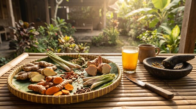 Galangal with traditional herbs and golden herbal infusion, creating an authentic Indonesian wellness concept with natural ingredients and warm tones.