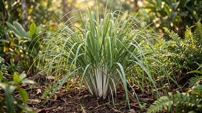 Healthy lemongrass growing in a tropical garden with morning dew and golden sunlight, highlighting natural growth and sustainable cultivation.